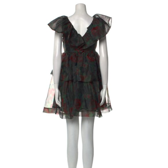 Ganni Dresses & Skirts - Tiered Rose-Print Organza Dress - Black Red | Size: M | US 6 | UK36